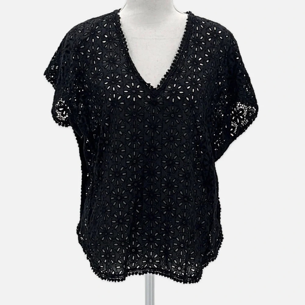 Johnny Was Floral Eyelet Lace V Neck Cotton Blouse in Black  - Size XS